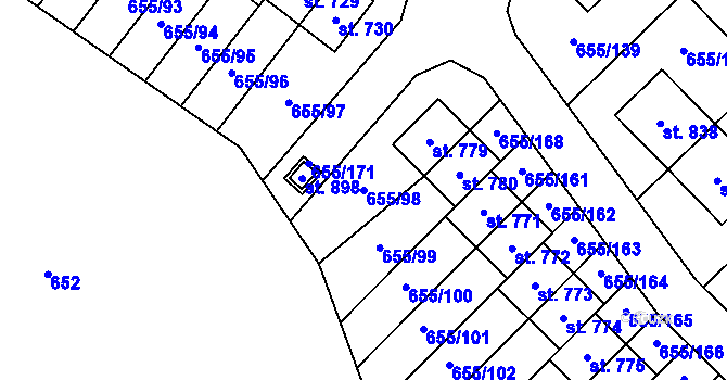 Parcela st. 655/98 v KÚ Květnice, Katastrální mapa