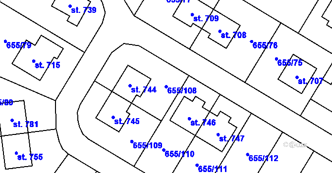 Parcela st. 655/108 v KÚ Květnice, Katastrální mapa