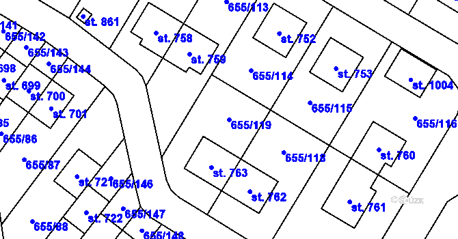 Parcela st. 655/119 v KÚ Květnice, Katastrální mapa