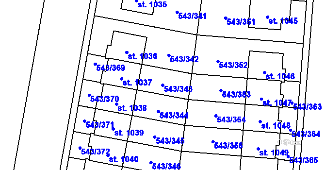 Parcela st. 543/343 v KÚ Květnice, Katastrální mapa