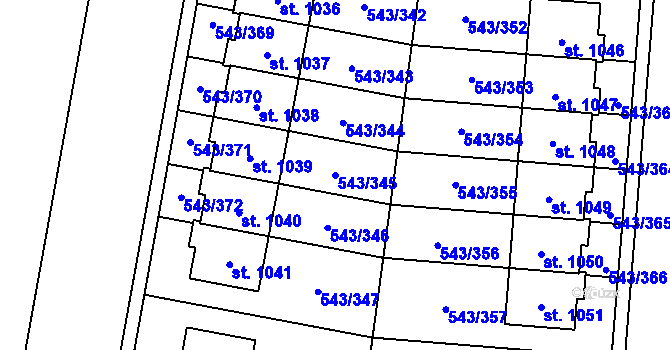 Parcela st. 543/345 v KÚ Květnice, Katastrální mapa