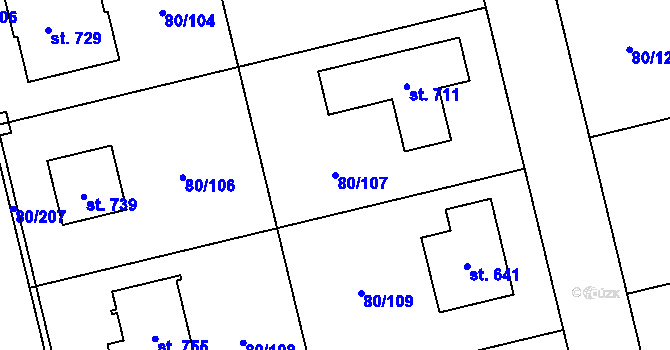Parcela st. 80/107 v KÚ Sibřina, Katastrální mapa