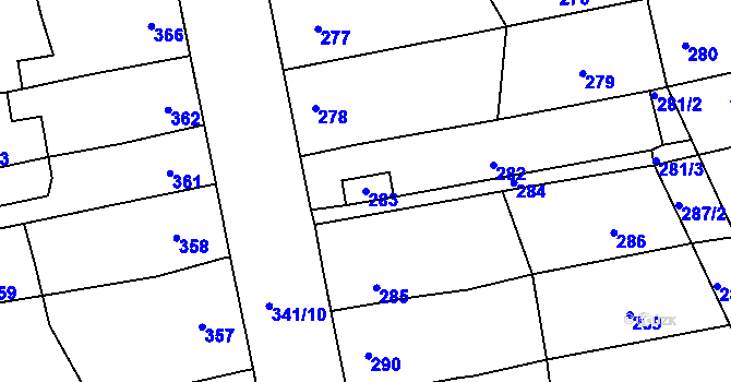 Parcela st. 283 v KÚ Silůvky, Katastrální mapa