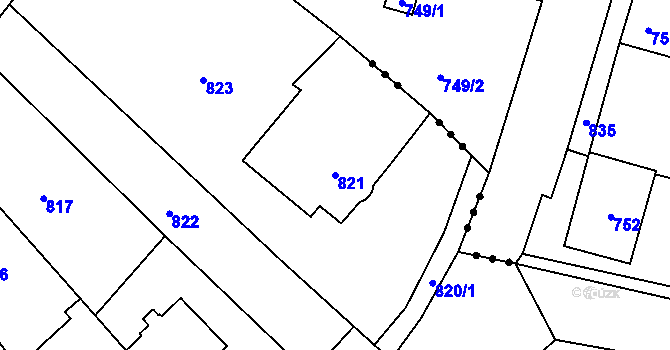 Parcela st. 821 v KÚ Silůvky, Katastrální mapa
