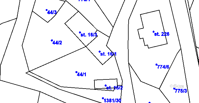 Parcela st. 16/1 v KÚ Skalice u Frýdku-Místku, Katastrální mapa