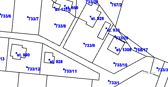Parcela st. 733/9 v KÚ Skalice u Frýdku-Místku, Katastrální mapa