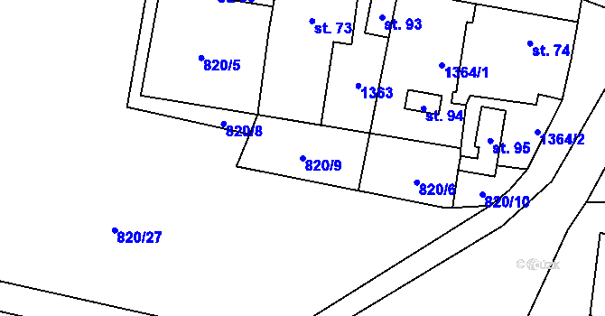 Parcela st. 820/9 v KÚ Skapce, Katastrální mapa
