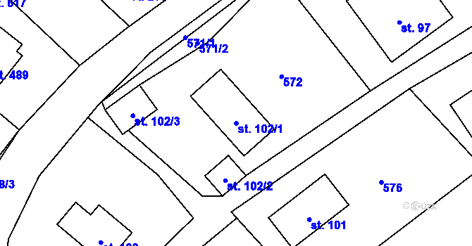 Parcela st. 102/1 v KÚ Sklenov, Katastrální mapa