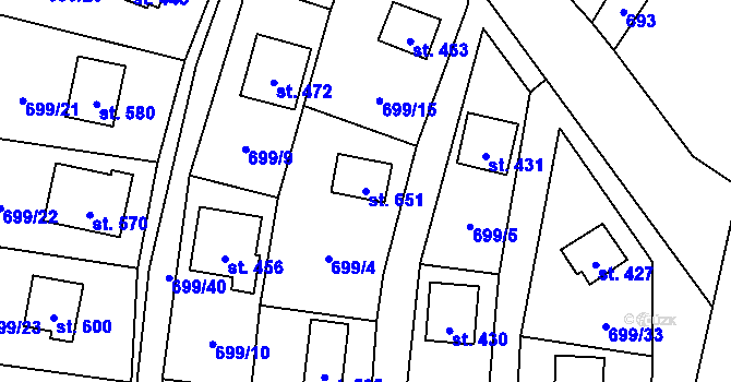 Parcela st. 651 v KÚ Sklenov, Katastrální mapa