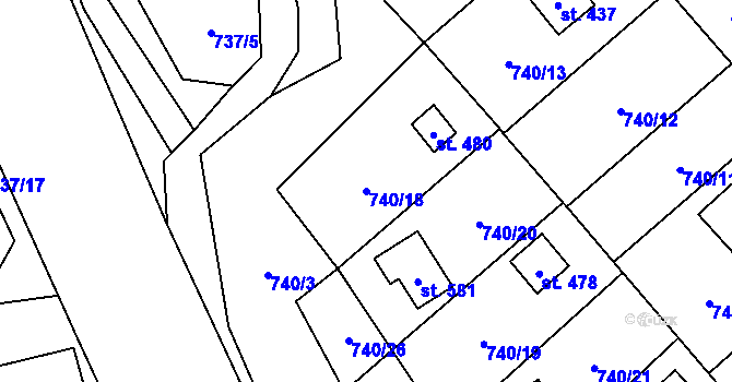 Parcela st. 740/18 v KÚ Sklenov, Katastrální mapa