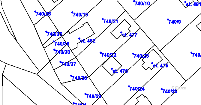 Parcela st. 740/22 v KÚ Sklenov, Katastrální mapa