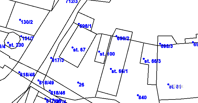 Parcela st. 100 v KÚ Skořenice, Katastrální mapa