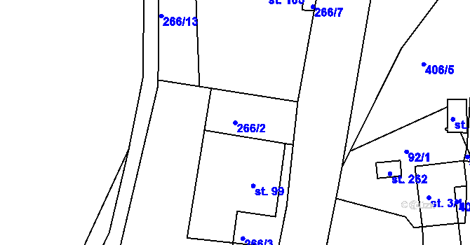Parcela st. 266/2 v KÚ Skořenice, Katastrální mapa