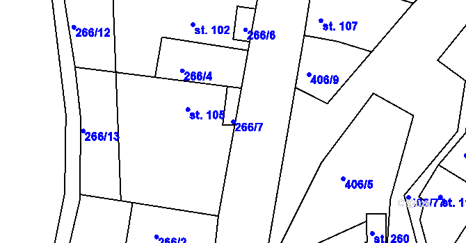 Parcela st. 266/7 v KÚ Skořenice, Katastrální mapa