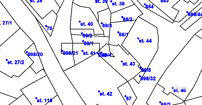 Parcela st. 69/4 v KÚ Skořenice, Katastrální mapa