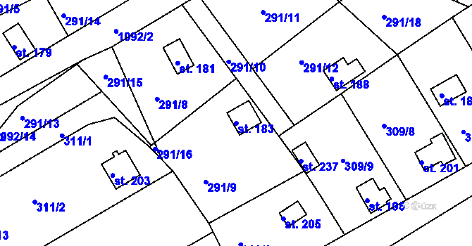 Parcela st. 183 v KÚ Skořice, Katastrální mapa