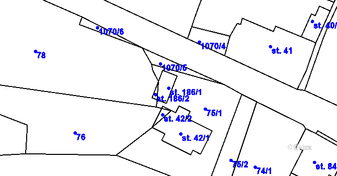 Parcela st. 186/1 v KÚ Skořice, Katastrální mapa