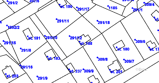 Parcela st. 188 v KÚ Skořice, Katastrální mapa