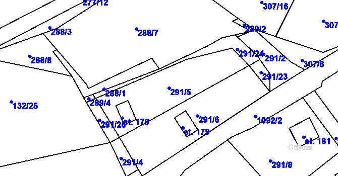 Parcela st. 291/5 v KÚ Skořice, Katastrální mapa