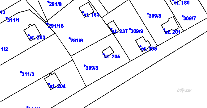 Parcela st. 205 v KÚ Skořice, Katastrální mapa