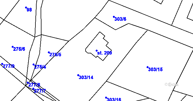 Parcela st. 209 v KÚ Skořice, Katastrální mapa