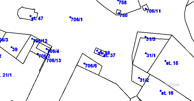 Parcela st. 38 v KÚ Skrýšov u Pelhřimova, Katastrální mapa