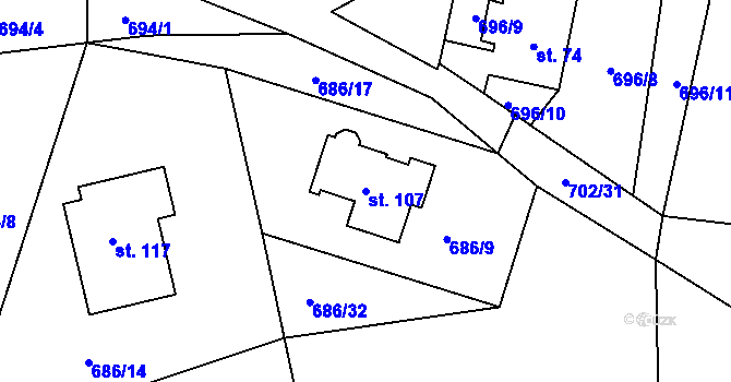Parcela st. 107 v KÚ Skrýšov u Pelhřimova, Katastrální mapa