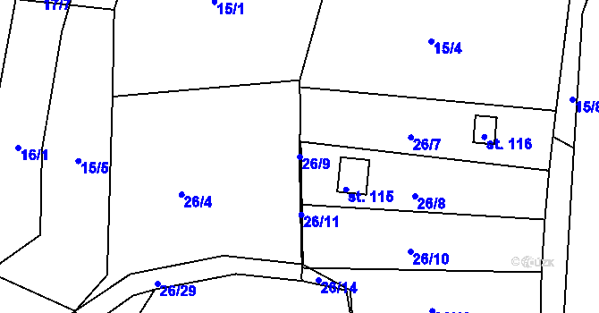 Parcela st. 26/9 v KÚ Skrýšov u Pelhřimova, Katastrální mapa