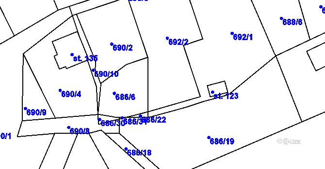 Parcela st. 686/5 v KÚ Skrýšov u Pelhřimova, Katastrální mapa