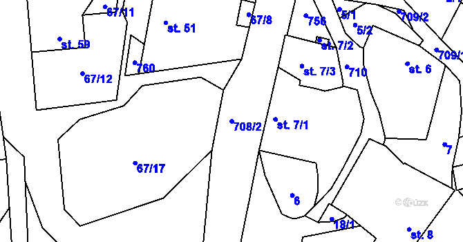 Parcela st. 708/2 v KÚ Skrýšov u Pelhřimova, Katastrální mapa