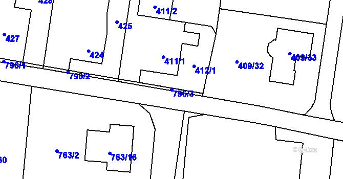 Parcela st. 796/3 v KÚ Skřečoň, Katastrální mapa