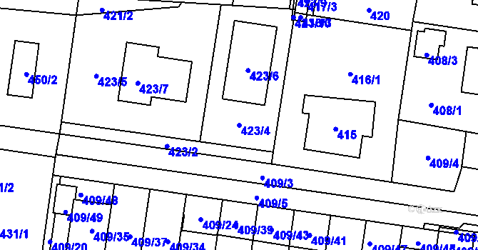 Parcela st. 423/4 v KÚ Skřečoň, Katastrální mapa