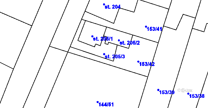 Parcela st. 205/3 v KÚ Skřivany, Katastrální mapa