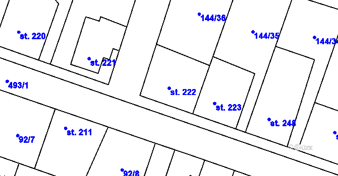 Parcela st. 222 v KÚ Skřivany, Katastrální mapa