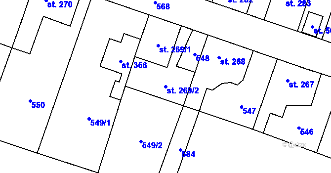 Parcela st. 269/2 v KÚ Skřivany, Katastrální mapa