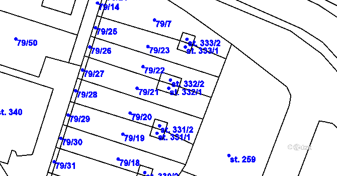 Parcela st. 332/1 v KÚ Skřivany, Katastrální mapa