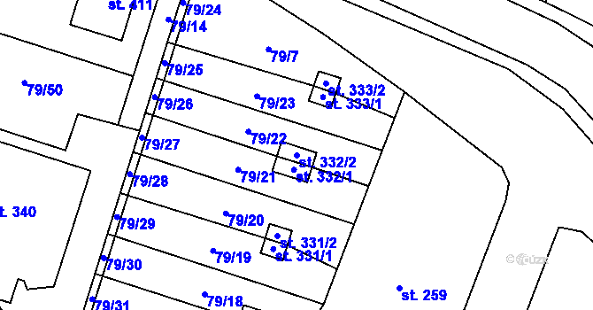 Parcela st. 332/2 v KÚ Skřivany, Katastrální mapa