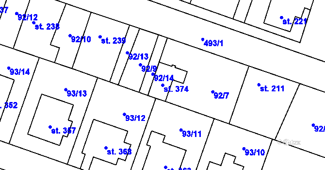Parcela st. 374 v KÚ Skřivany, Katastrální mapa