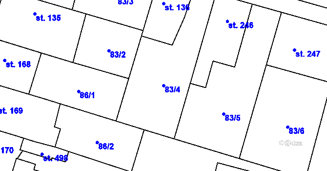 Parcela st. 83/4 v KÚ Skřivany, Katastrální mapa