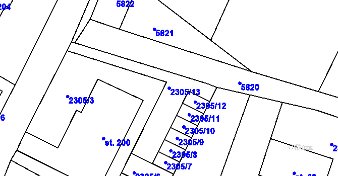 Parcela st. 2305/13 v KÚ Slabčice, Katastrální mapa