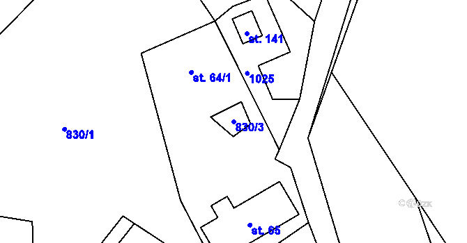 Parcela st. 830/3 v KÚ Bořkov, Katastrální mapa