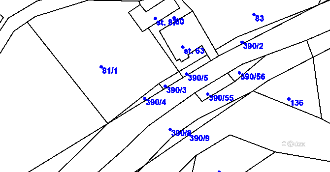 Parcela st. 390/3 v KÚ Hořensko, Katastrální mapa