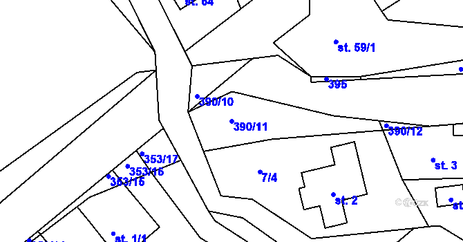 Parcela st. 390/11 v KÚ Hořensko, Katastrální mapa