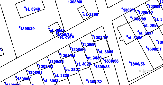 Parcela st. 1308/86 v KÚ Slaný, Katastrální mapa