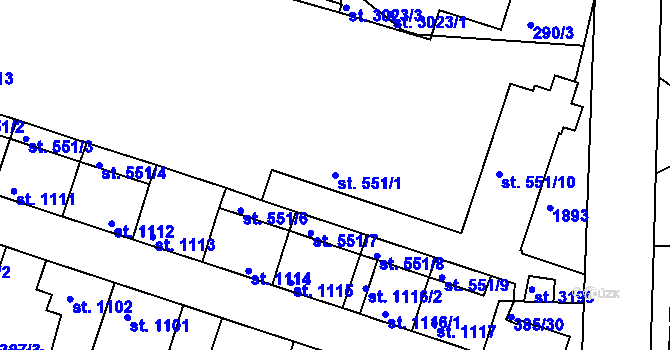 Parcela st. 551/1 v KÚ Slaný, Katastrální mapa