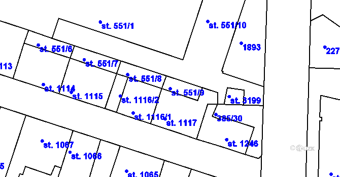 Parcela st. 551/9 v KÚ Slaný, Katastrální mapa