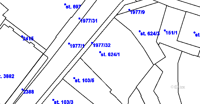 Parcela st. 624/1 v KÚ Slaný, Katastrální mapa