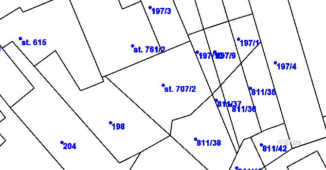 Parcela st. 707/2 v KÚ Slaný, Katastrální mapa