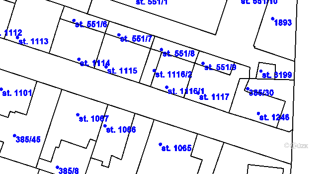 Parcela st. 1116/1 v KÚ Slaný, Katastrální mapa