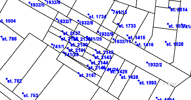 Parcela st. 2142 v KÚ Slaný, Katastrální mapa
